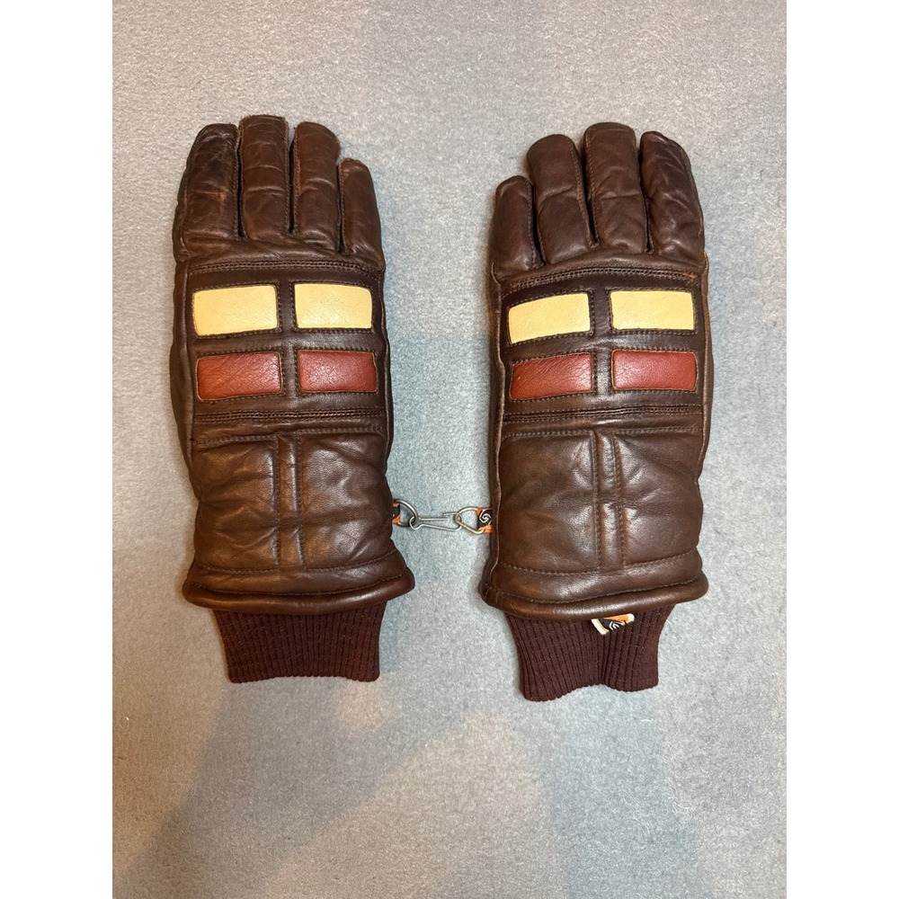 Vintage 70s Kombi Leather Ski Ladies Large Gloves Colorblock Padded Racer Brown - Picture 6 of 8
